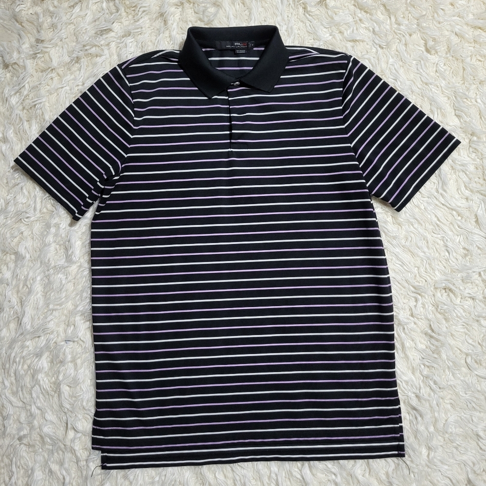 Ralph Lauren Black, White and Pink Striped Polo Shirt Size Medium